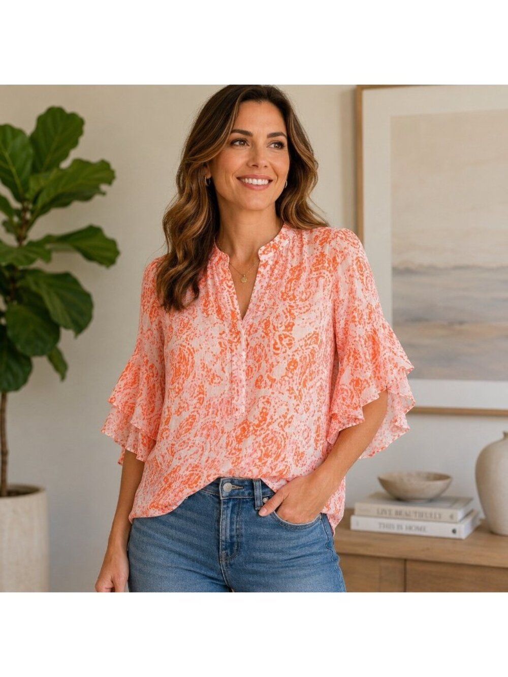 Vince Camuto Womens Size XS V-Neck Orange White Flutter Sleeve Button Top NWT